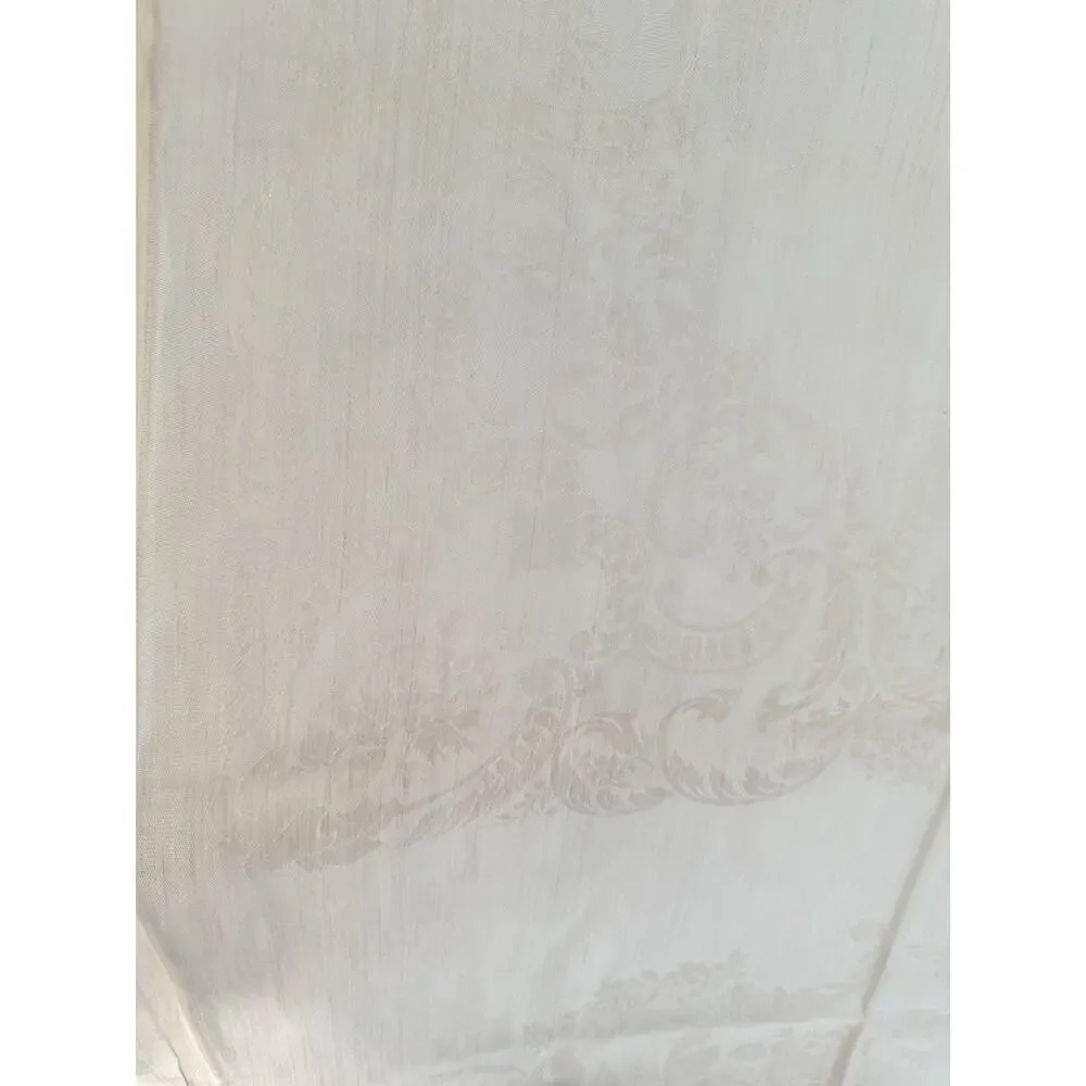 Vtg Beige Linen Double Damask Tablecloth 8 Napkins Floral Garlands Acanthus